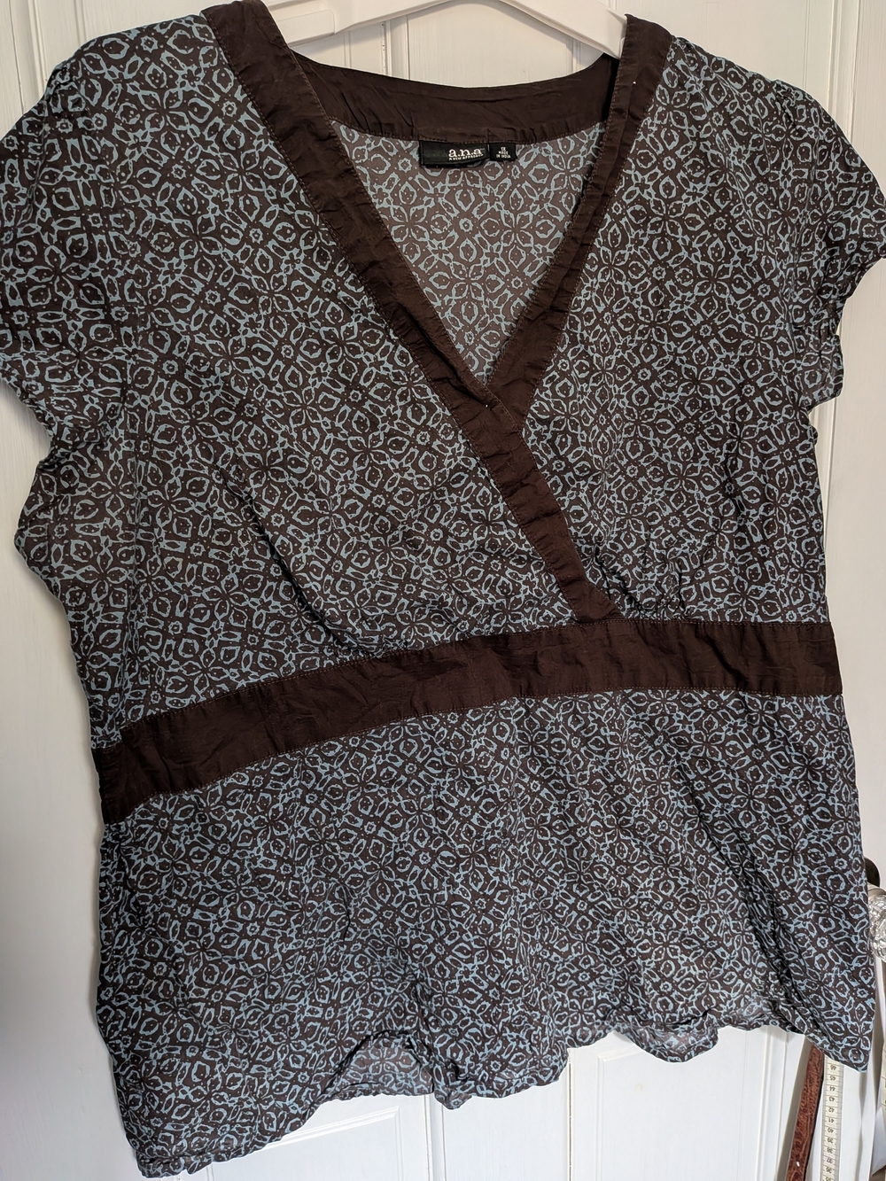a.n.a Brown and Light Blue Geometric Wrap-Style Blouse